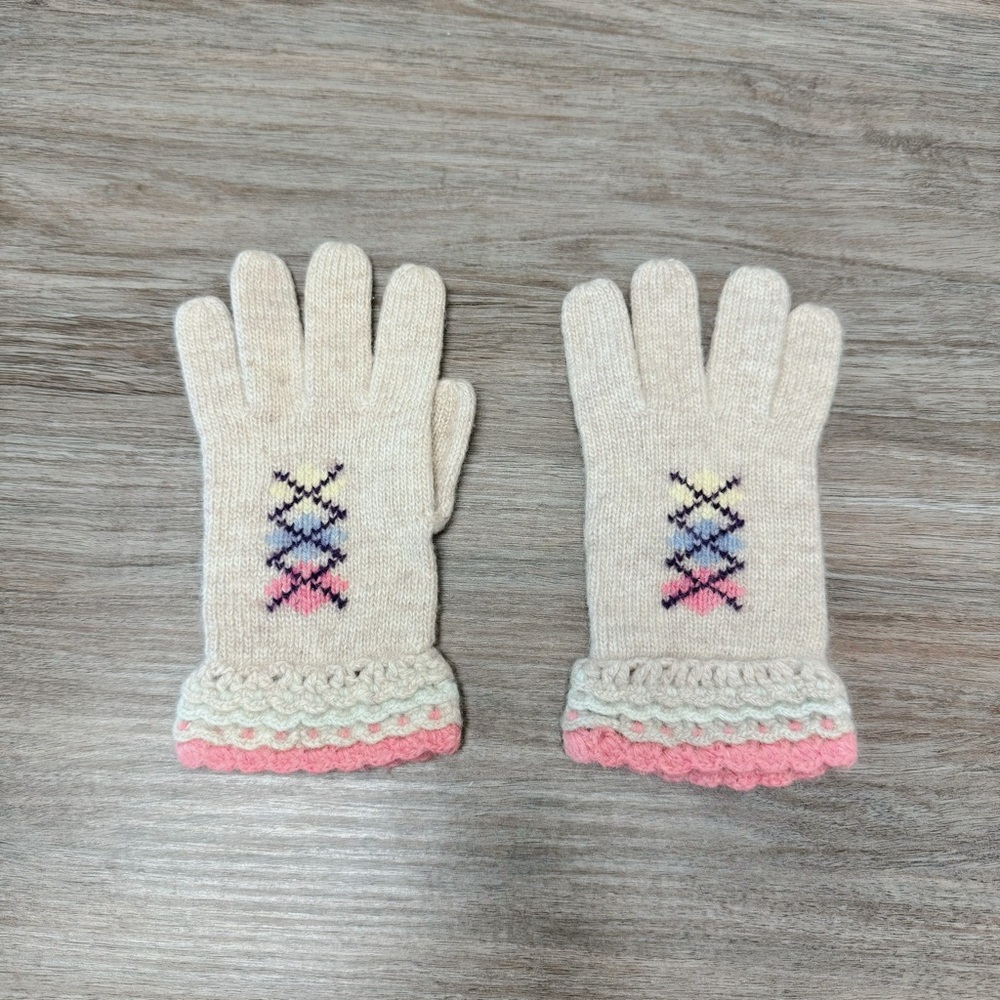 Wool Knit Kids Gloves with Pink Accents